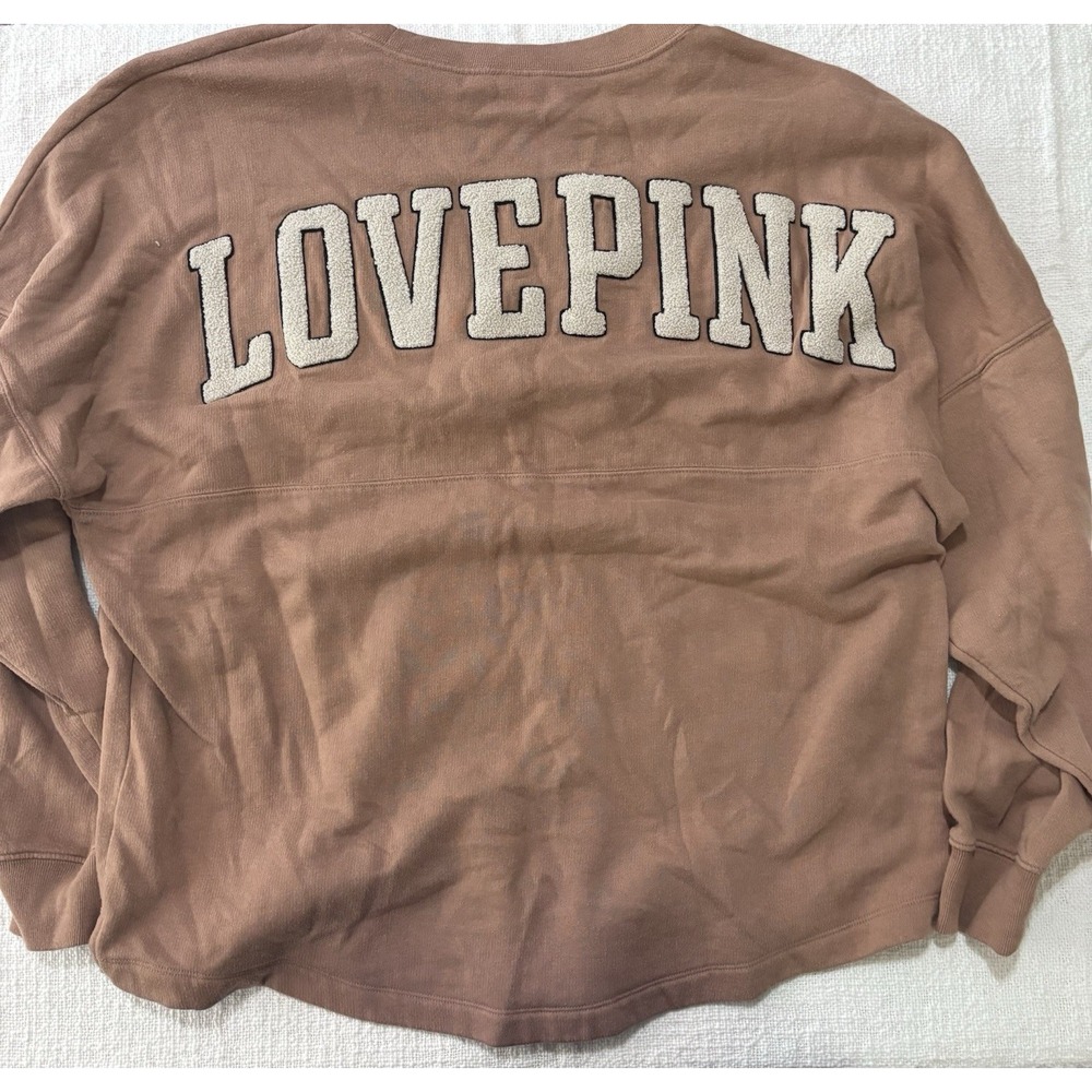 Pink Sweater Women's Large LOVE PINK Spell Out Long Sleeve Pullover Tan Crewneck